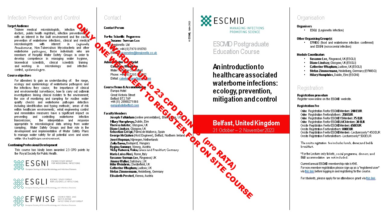 You are currently viewing ESCMID 2023 Course :-An introduction to healthcare associated waterborne infections: ecology, prevention, mitigation and control course